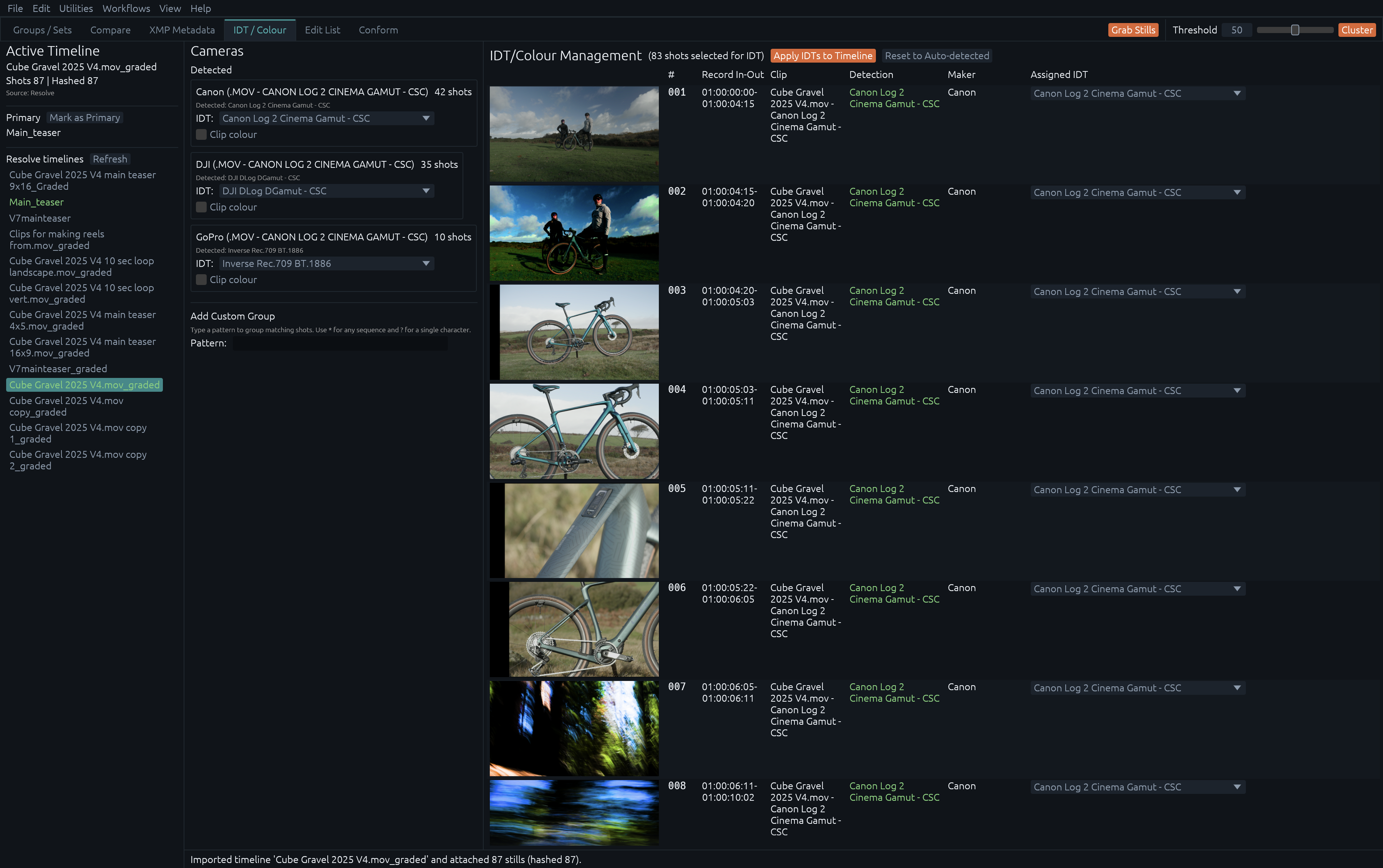 Screenshot of Flash, a shot-matching tool for colorists, showing the IDT/Colour Management view: shots are grouped by detected camera (Canon, DJI, GoPro) with auto-detected input color spaces, and a per-shot table lists timecodes, thumbnails, detected colorspace, camera maker, and an assignable IDT dropdown for each clip.